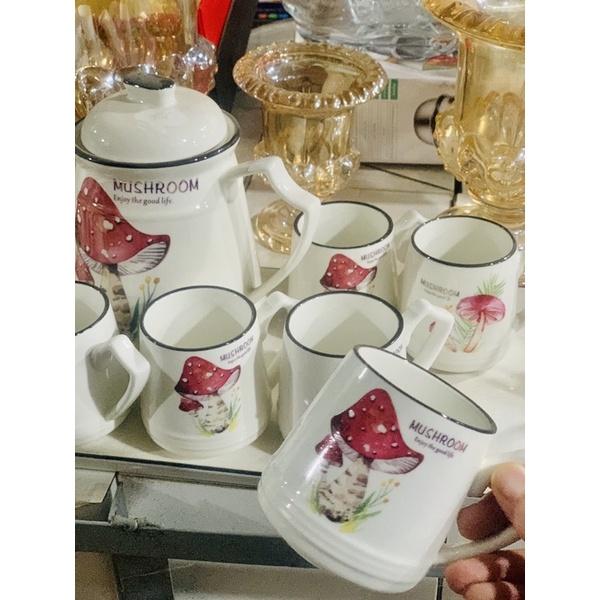 Bộ ấm chén kèm khay hình nấm phong cách Hàn Quốc