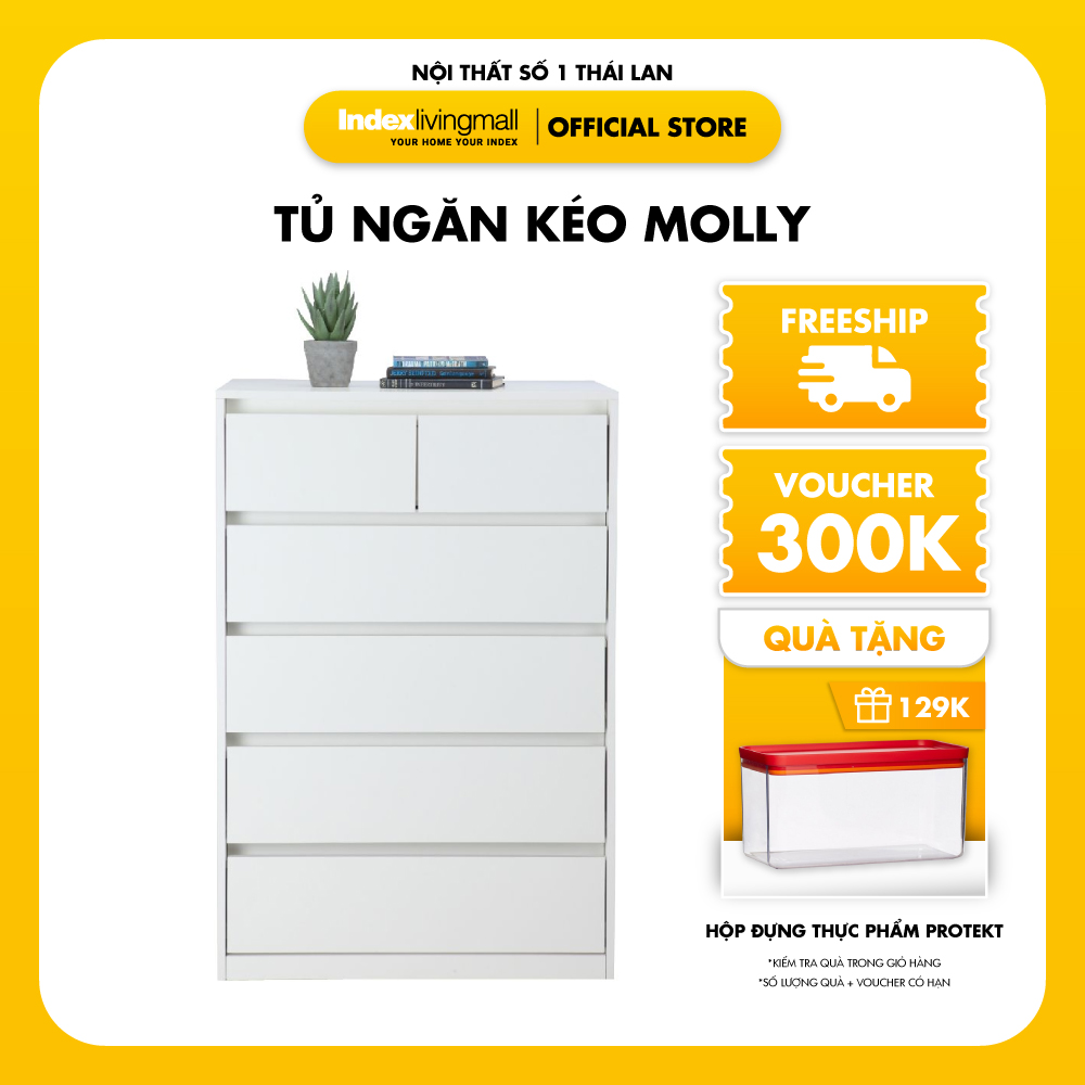 Tủ Đựng Đồ Gỗ Công Nghiệp Màu Trắng 6 Ngăn Kéo MOLLY Kích Thước 80 x 49.7 x 121cm | Index Living Mall | Nhập Khẩu Thái Lan - Phân Phối Độc Quyền Việt Nam