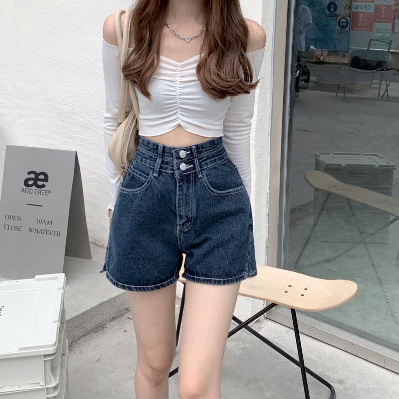 Quần Short Nữ Mặt-Xẻ Sau Đế Quốc Thiết Kế Retro Thẳng Denim Quần Nút Mùa Hè Cao Cấp Tất Cả Trận Đấu Ulzzang Thời Trang học Sinh Sinh Viên