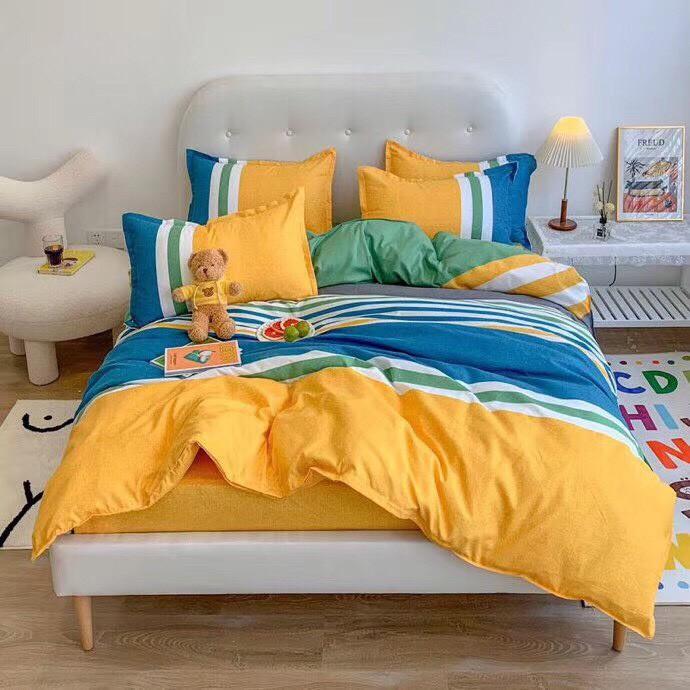Bộ chăn ga Cotton Poly kẻ vàng xanh - Hàng nhập khẩu