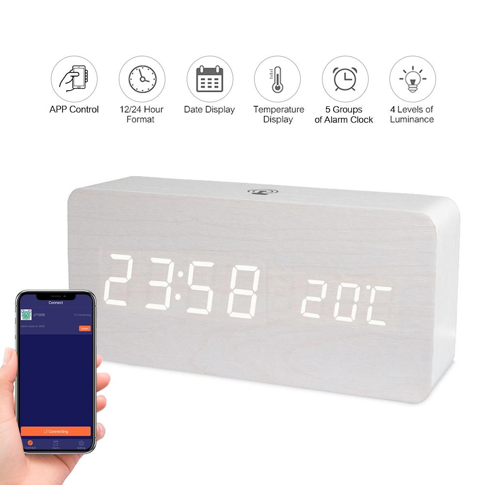 Đồng hồ báo thức bằng gỗ có đèn LED, 4 mức độ sáng, hiển thị thời gian, nhiệt độ ngày giờ, kết nối qua ứng dụng điện thoại