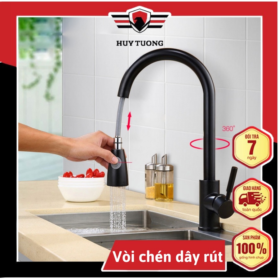 Vòi rửa chén bát nóng lạnh dây rút, vòi chén dây rút 2 chế độ xịt nước, Inox SUS304, xoay 360 độ cao cấp - Huy Tưởng Trading