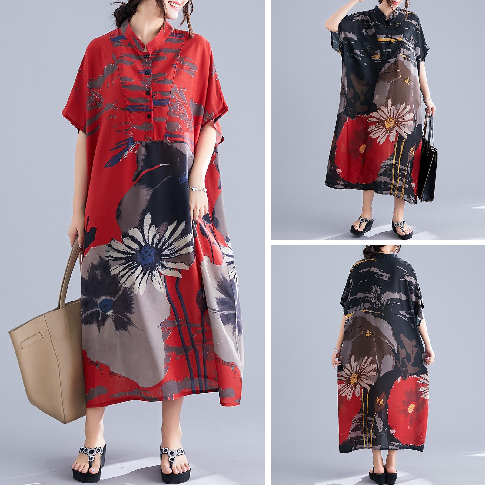 Vintage Women Plus Size Long Dress Floral Short Sleeve Pocket Blouse Dress Loose Casual Midi Dress