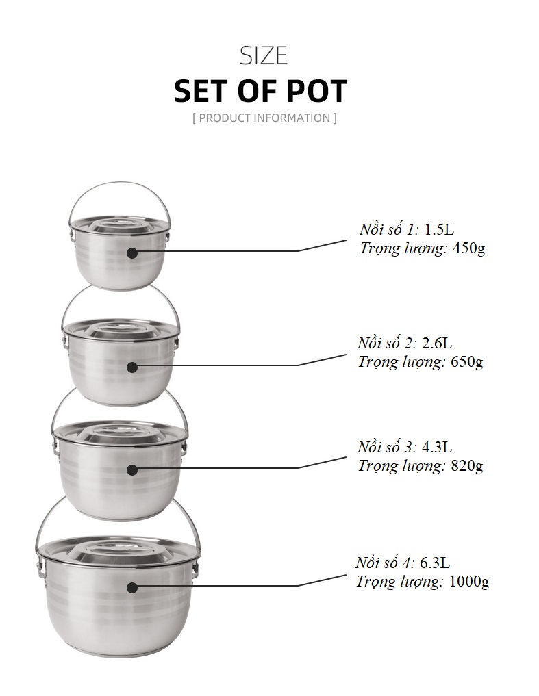 Bộ nồi inox 4 chiếc xếp gọn đa năng sử dụng cho mọi loại bếp tiện dụng cắm trại dã ngoại ngoài trời bếp gia đình