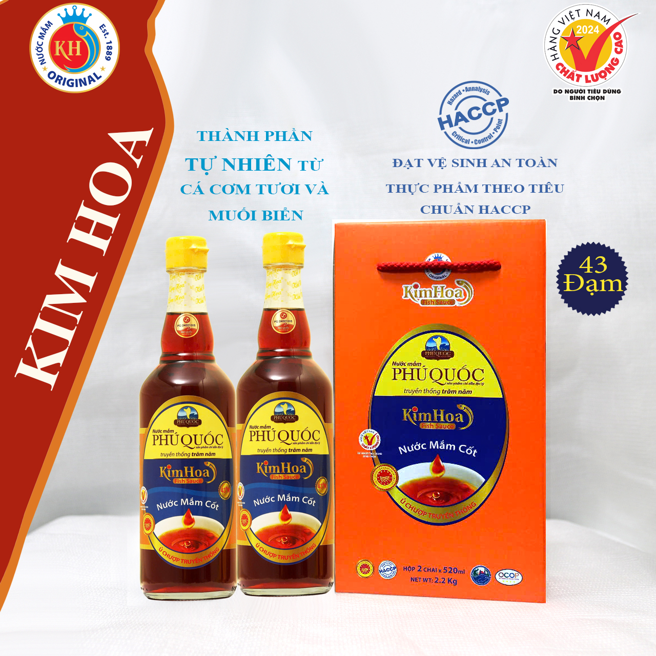 Nước Mắm Cốt Kim Hoa Phú Quốc 43 đạm chai 520ml