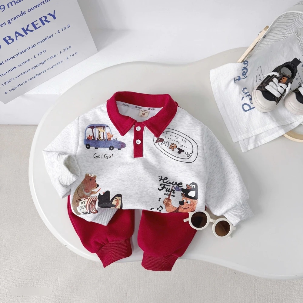 Set Áo Thun Tay Dài Cổ Polo Gấu Quần Bo Chun Cho Bé Trai 1-8 Tuổi Dành Cho Bé Trai