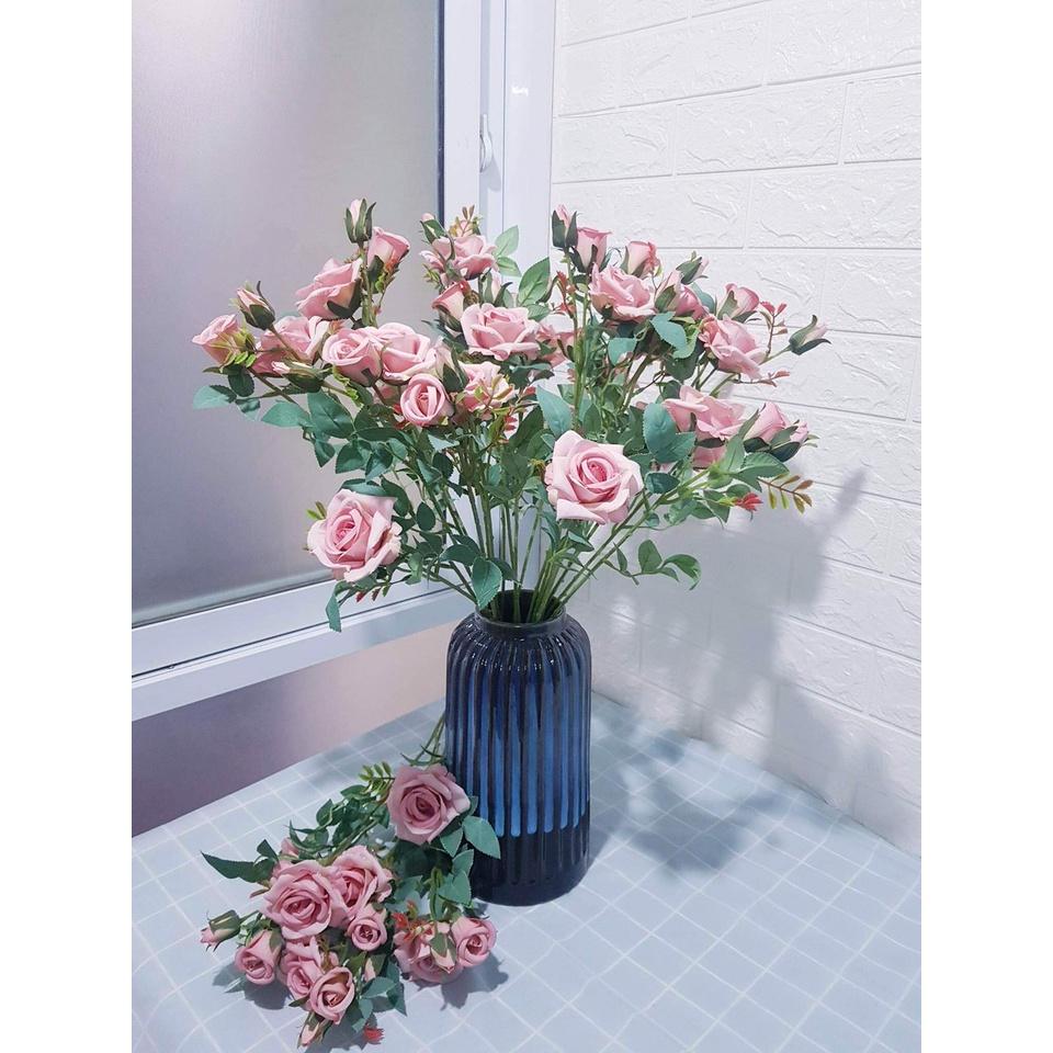 Cành hồng 3 bông,3 nụ hoa lụa hàng loại 1 chất đẹp, nhiều mầu KT dài 75cm.