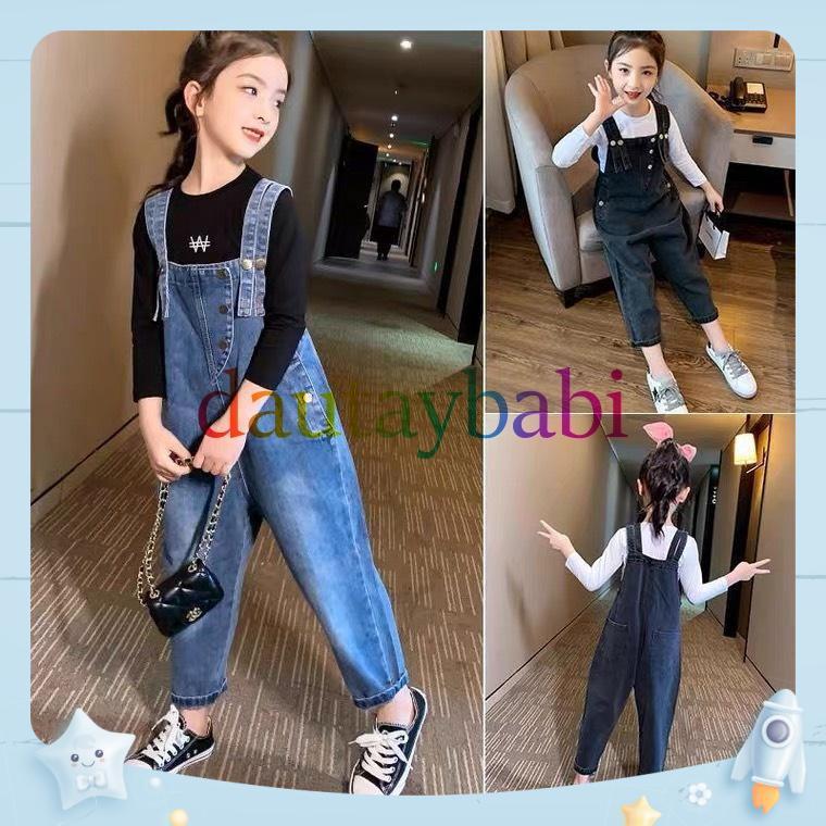 Yếm Jean dài bé gái yếm bò bé gái jean co giãn có túi thật phong cách Hàn Quốc năng động cho bé 12-42kg