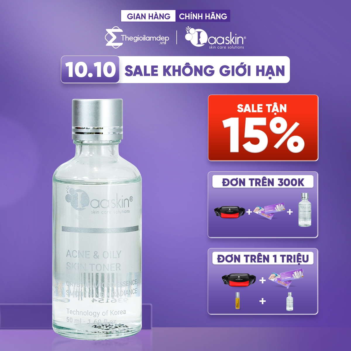 Nước cân bằng da Toner Laaskin hỗ trợ dưỡng ẩm da, giảm mịn, dưỡng trắng và se khít lỗ chân lông Acne &amp; Oily Skin Toner 50ml