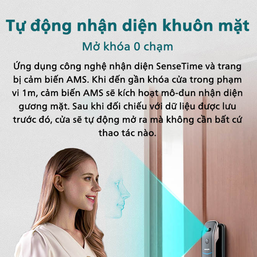Bộ khóa cửa thông minh khuôn mặt 3D Face, vân tay, thẻ từ, mật khẩu và chìa cơ thương hiệu Philips DDL709-7HWS - Hàng chính hãng