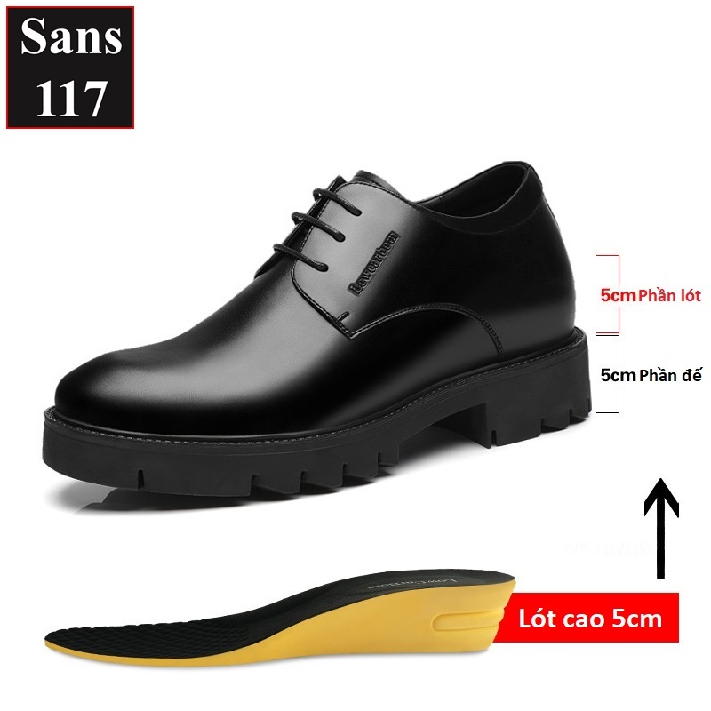 Giày da nam độn đế 10cm Sans117 da bò thật giầy tây công sở tăng chiều cao 8cm không lộ âu đi làm size cỡ nhỏ 37 cao cấp