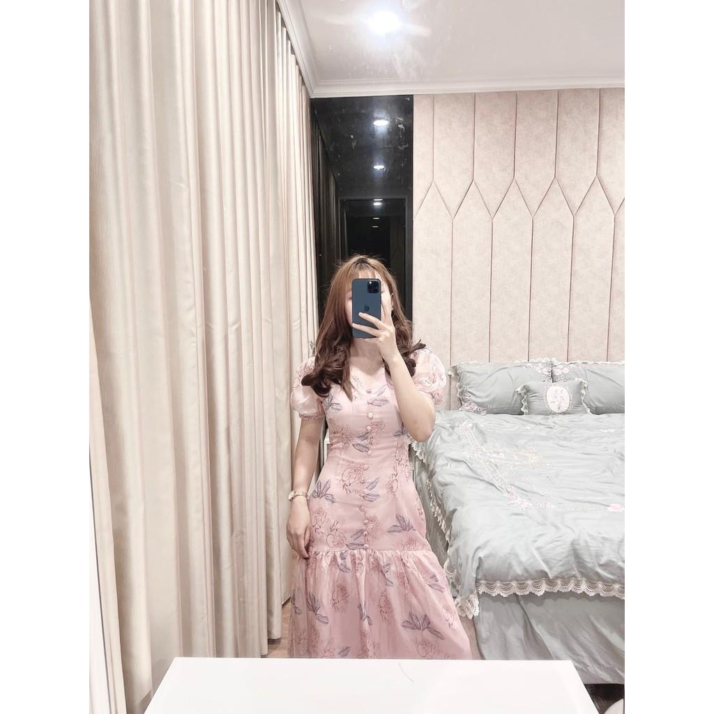 VÁY HOA TƠ CỔ V ĐUÔI CÁ CÚC BỌC