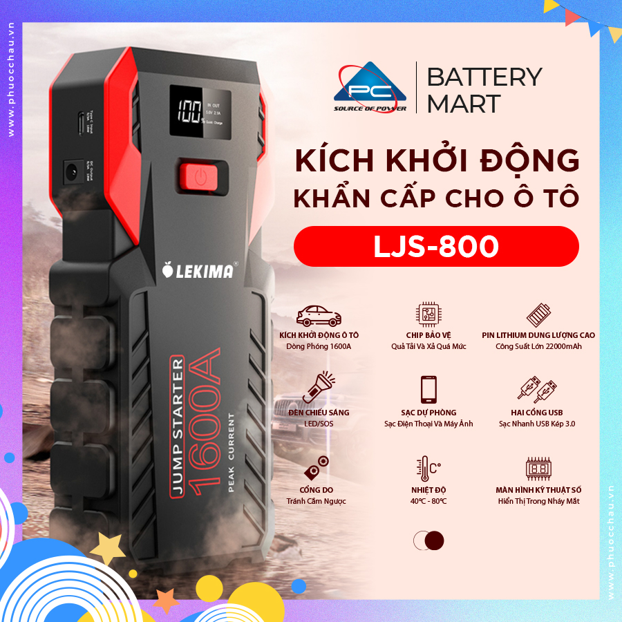 Bộ kích xe máy, xe ô tô LEKIMA LJS800 công suất lớn, dòng phóng mạnh, kiêm pin sạc dự phòng 22000mAh