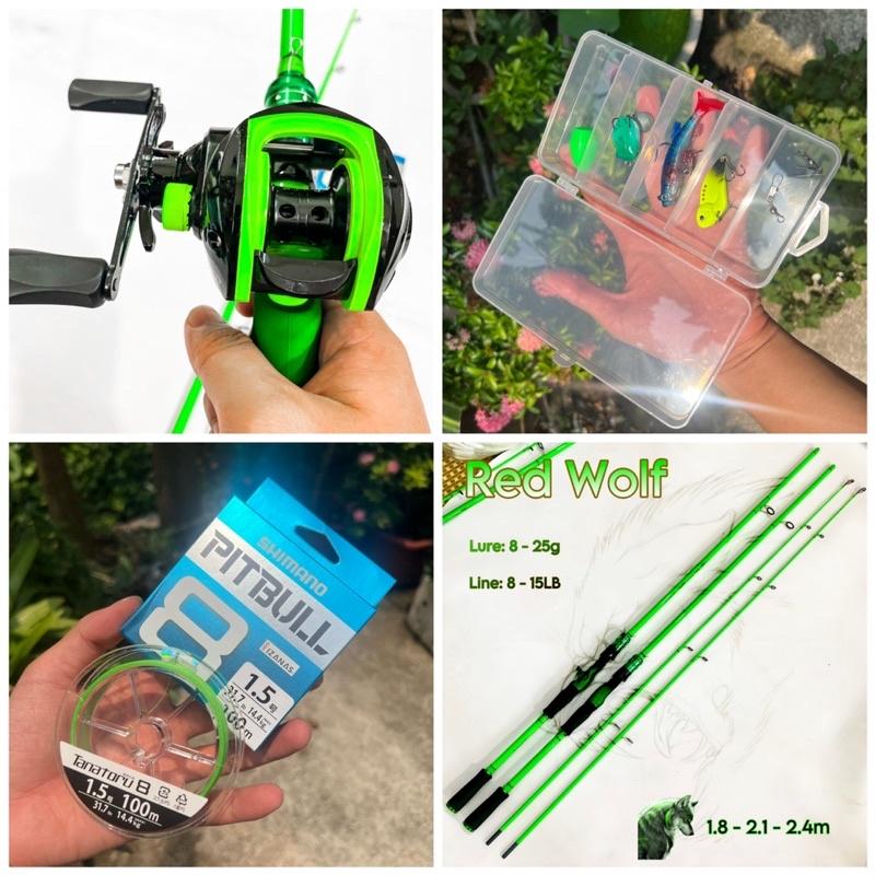 Bộ cần câu lure ngang carbon Red Wolf xanh lá máy câu ngang Xanh lá tặng bộ mồi câu và dây pe