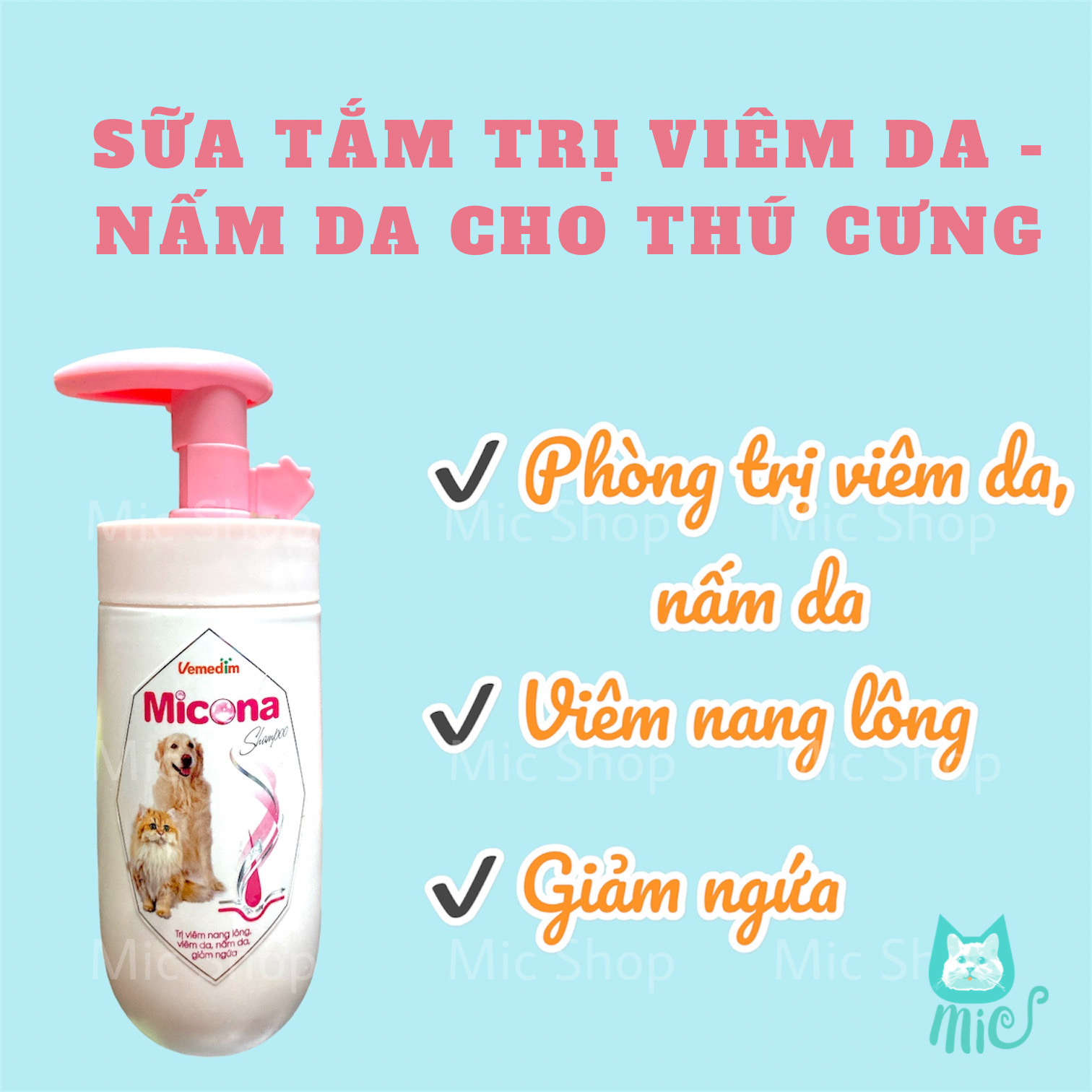 Sữa tắm cho chó mèo trị nấm da, viêm da Micona Vemedim 200ml