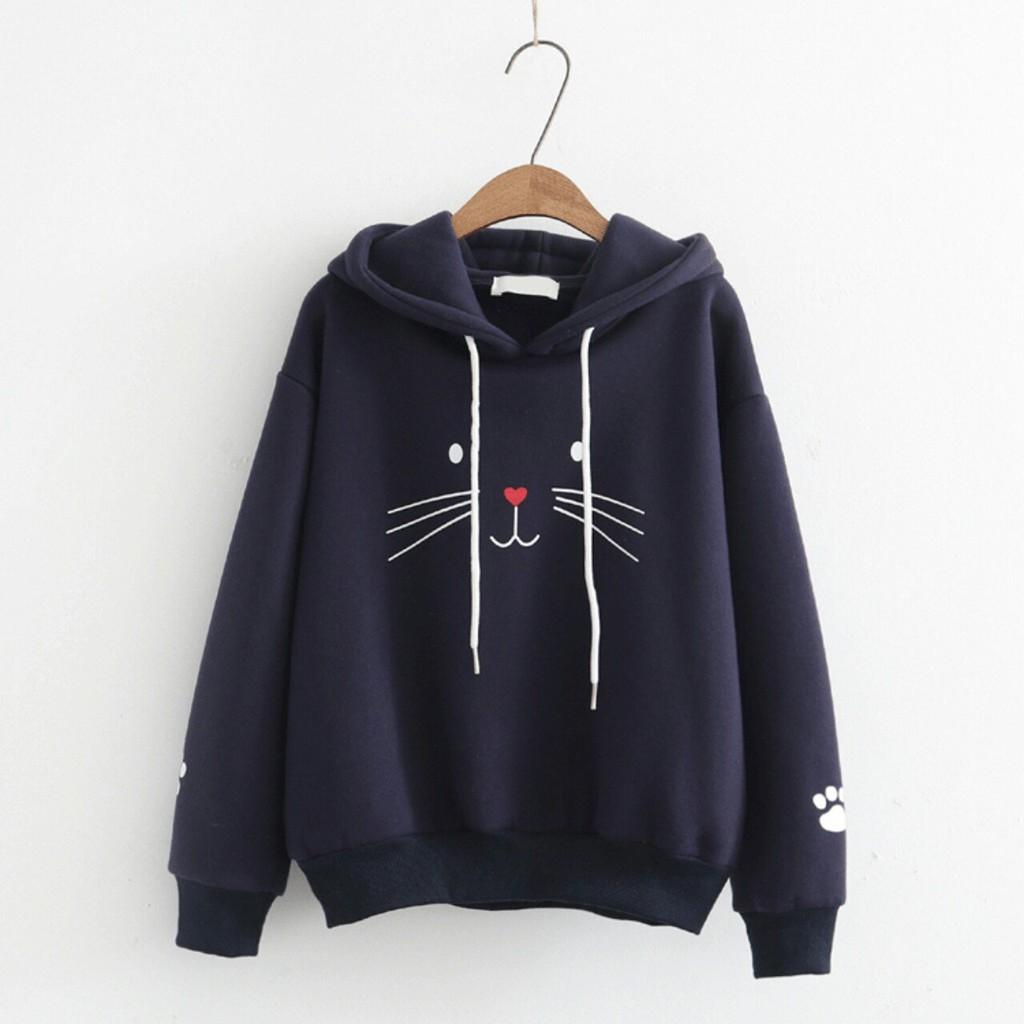 ÁO HOODIE NỮ ️️ áo khoác hoodie ( MẶT MÈO)  VẢI NỈ NHIỀU MÀU IN  AO HOODIE FREE SIZE DƯỚI 60KG dibbycloset