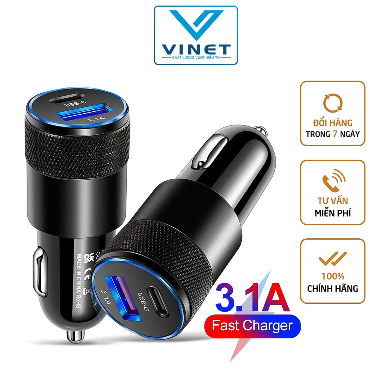 Tẩu cắm sạc điện thoại trên ô tô Vinetteam CC-PD1 sạc nhanh 38W 3.1A PD cổng USB Type C kỹ thuật số QC PD - hàng chính hãng