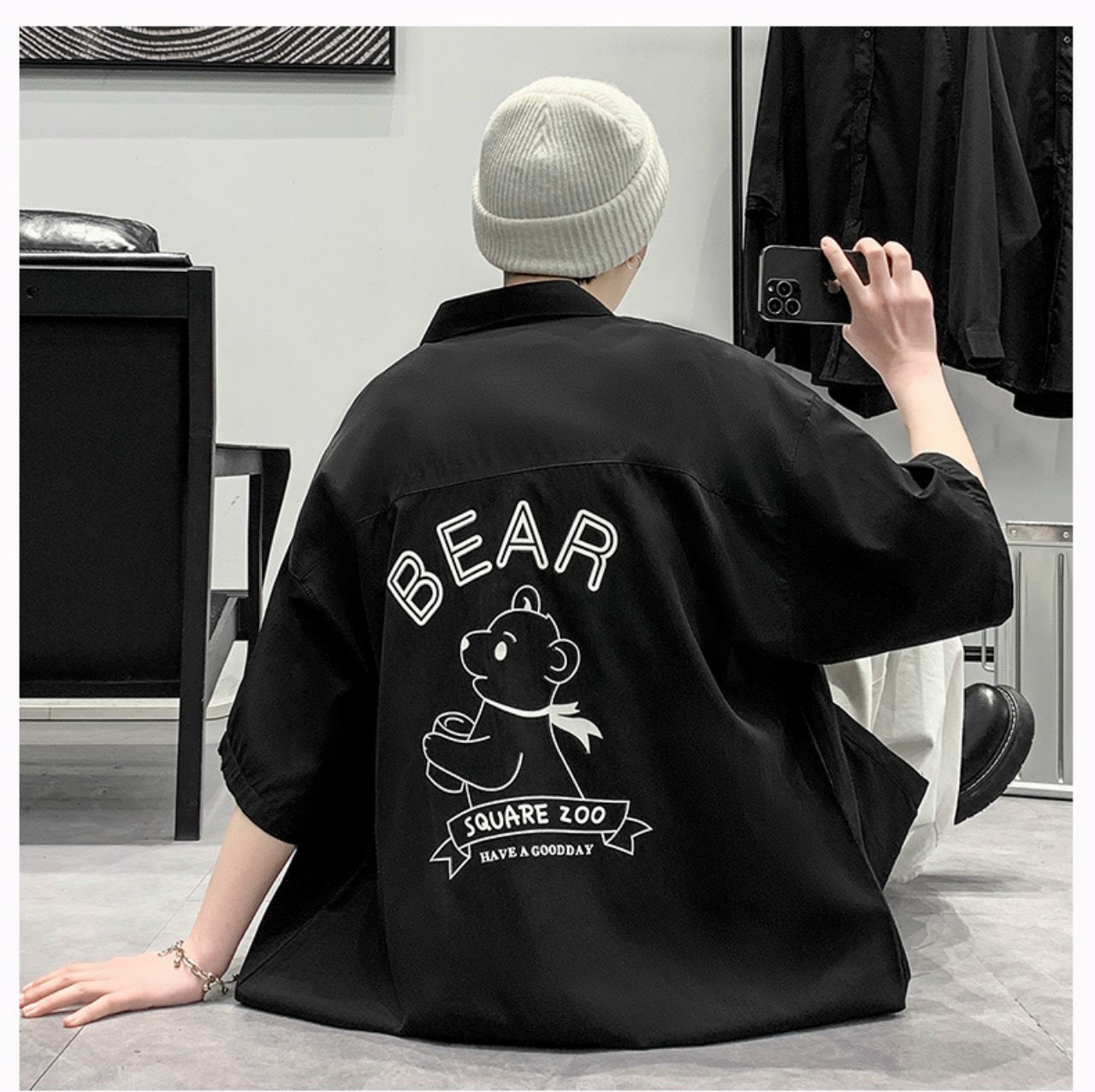 Áo sơ mi nam IN BEAR form rộng tay ngắn phong cách Hàn Quốc