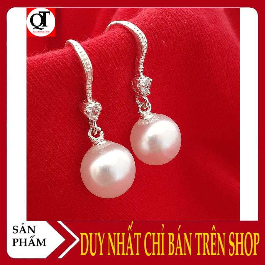 Bông tai bạc nữ ngọc nhân tạo màu trắng size10ly giáng dài 100% chất liệu bạc thật Bạc Quang Thản - QTBT20(TRẮNG)