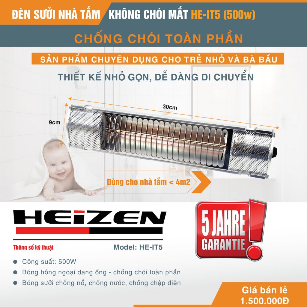 Đèn sưởi không chói mắt Heizen 500W HE-IT5- HÀNG CHÍNH HÃNG Hàng chính hãng