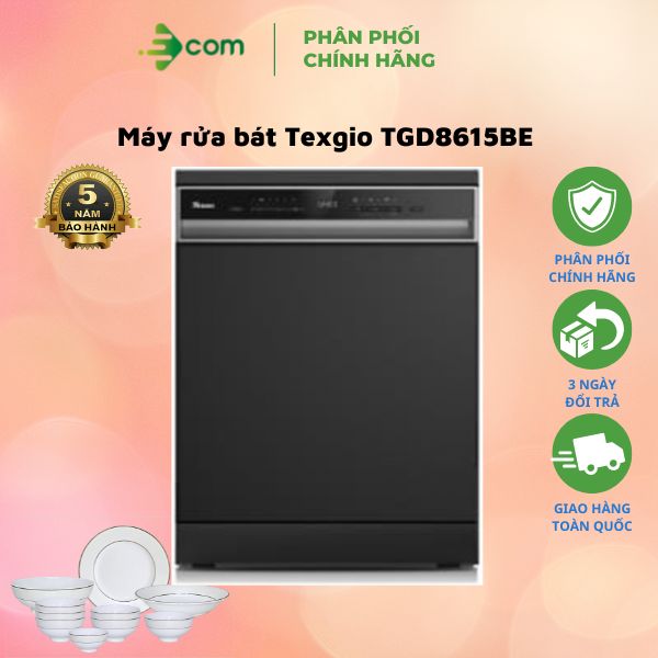 Máy rửa bát Texgio TGD8615BE 15 bộ Tự động mở cửa Rửa nhanh Rửa sạch sâu Hẹn giờ khởi động model mới 2022 Hàng Chính Hãng