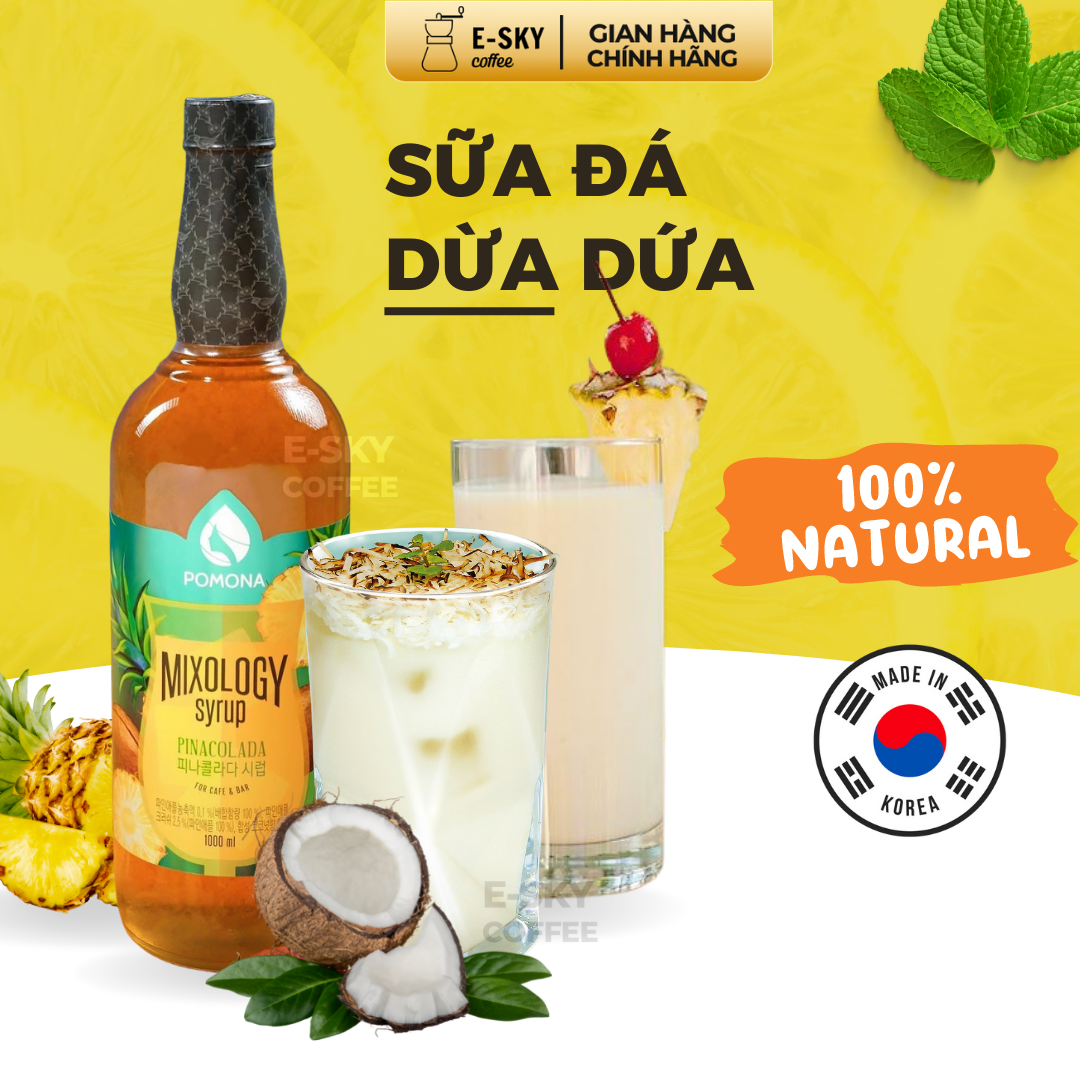 Siro Dừa Dứa Pomona Pinacolada Syrup Nguyên Liệu Pha Chế Hàn Quốc Chai Thủy Tinh 1 Lít