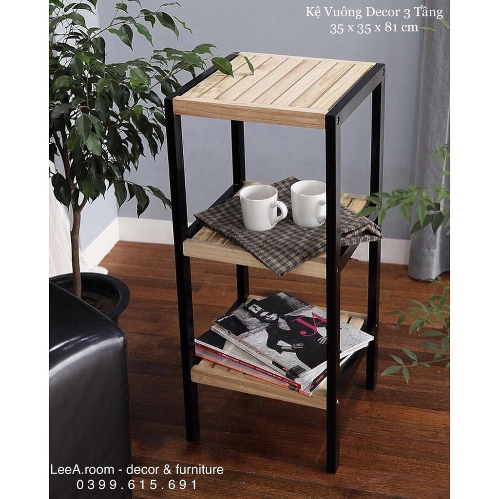 Kệ Gỗ Vuông Decor 3 Tầng - Màu Đen Phối Gỗ