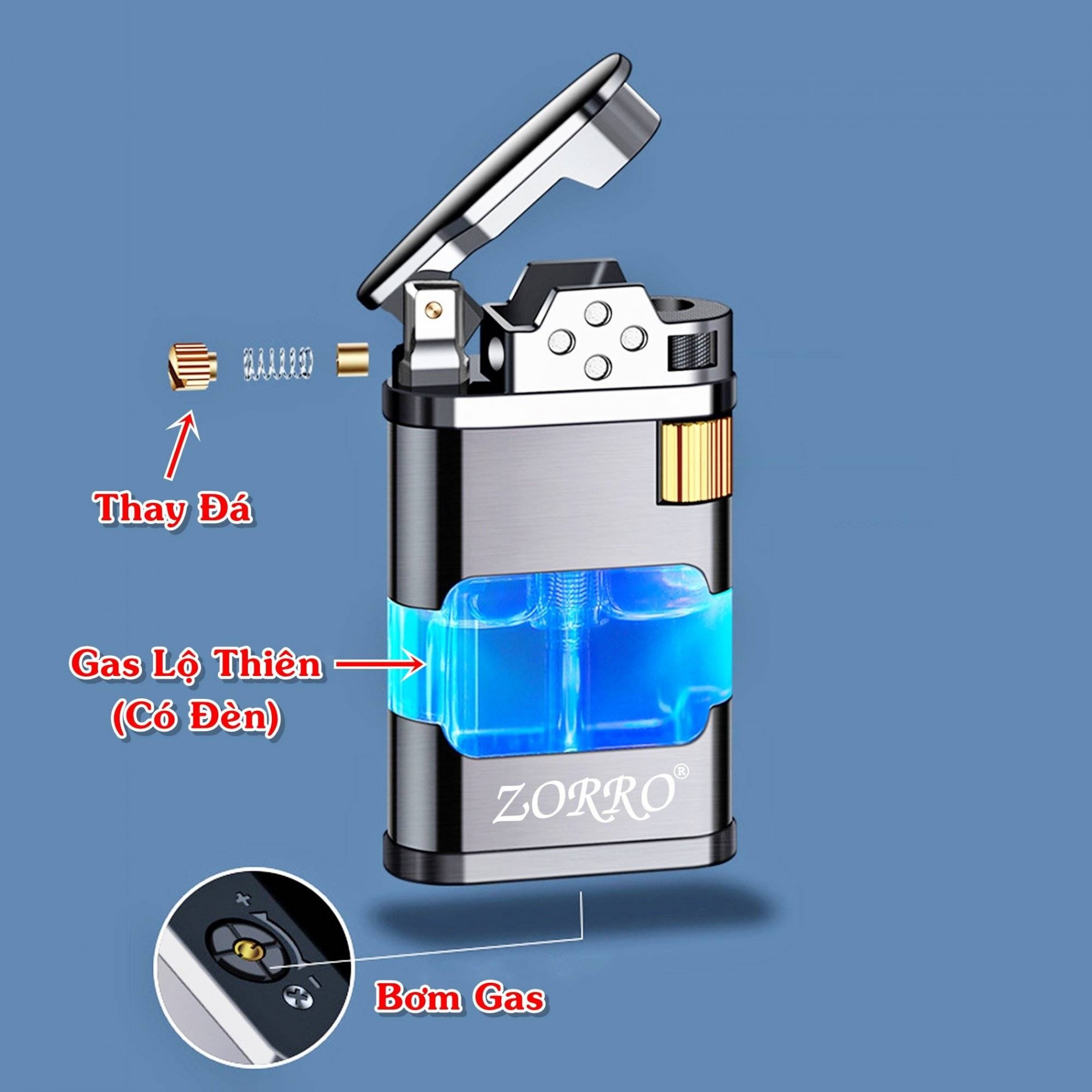 Hột quẹt bật lửa khè zorro gas lộ thiên - dạ quang hút ánh sáng (có đèn led) - (xài gas)