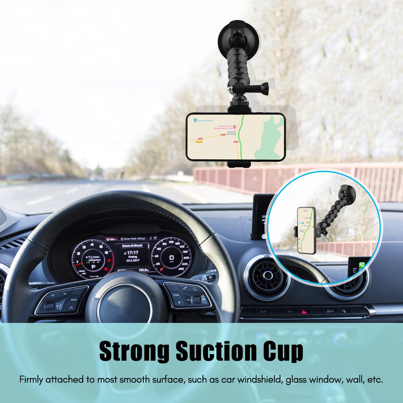 23cm Suction Cup Phone Mount Flexible Windshield Smartphone Mount 360°Rotatable 1/4 Inch Screw Hole with Phone Holder