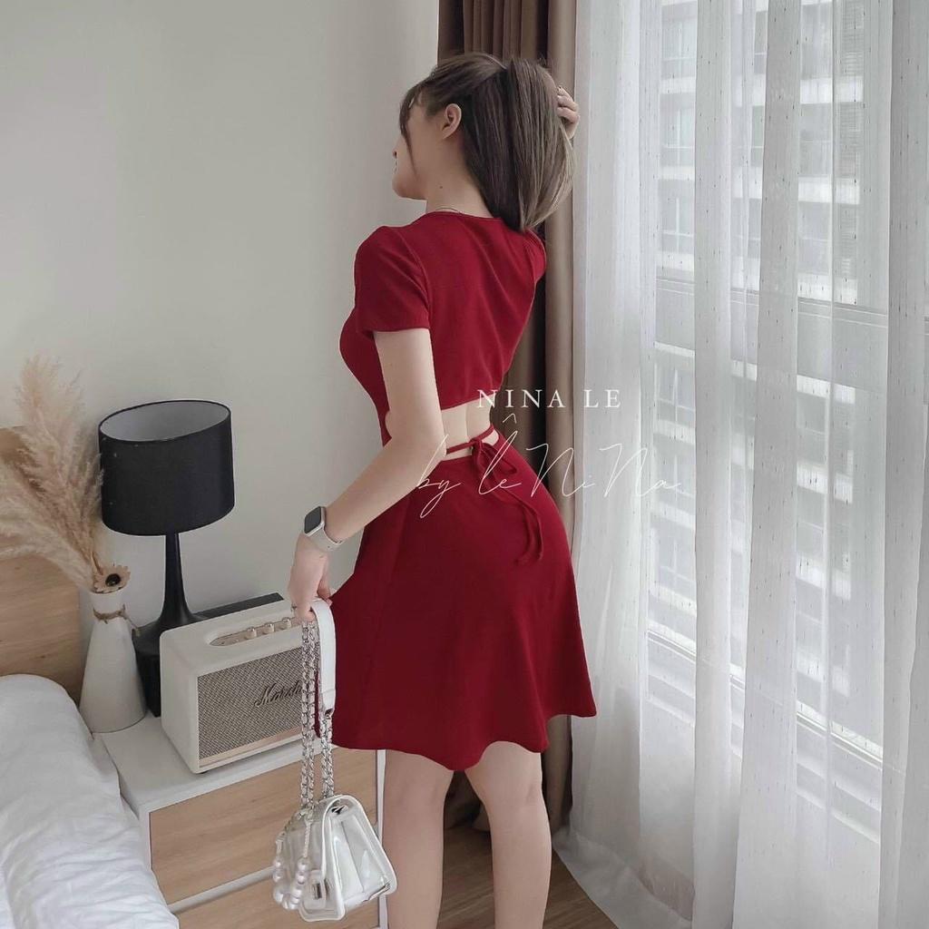 Đầm thun xoè hở lưng dây cột nơ siêu hot