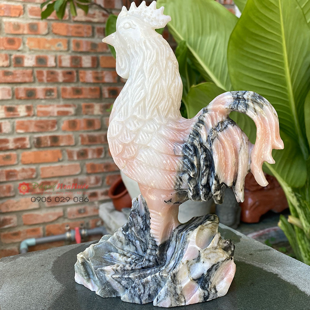 Tượng gà 12 con giáp phong thủy đá hồng vân dây 23cm - đá Non Nước