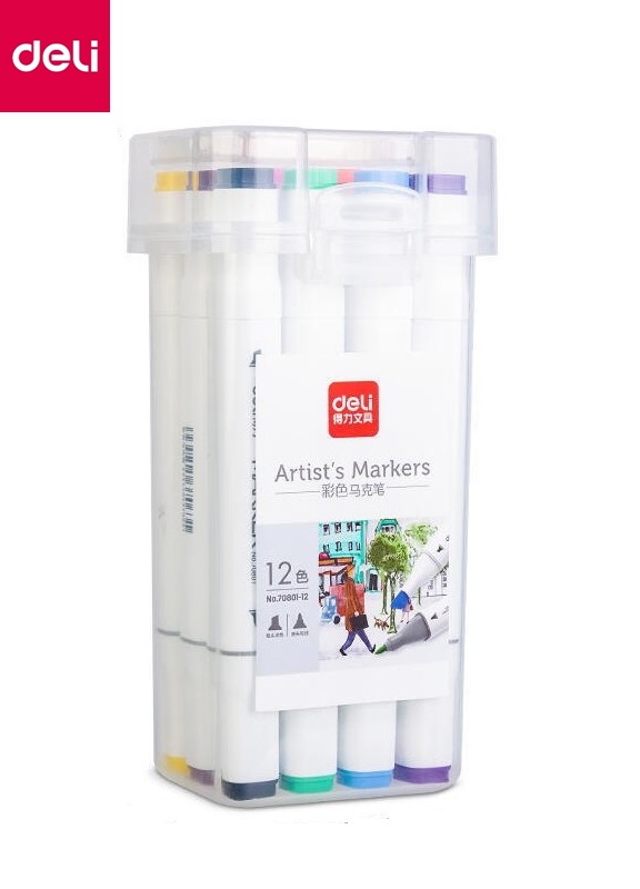 Hộp 12 màu bút marker hai đầu cao cấp Deli - 70801 - 12