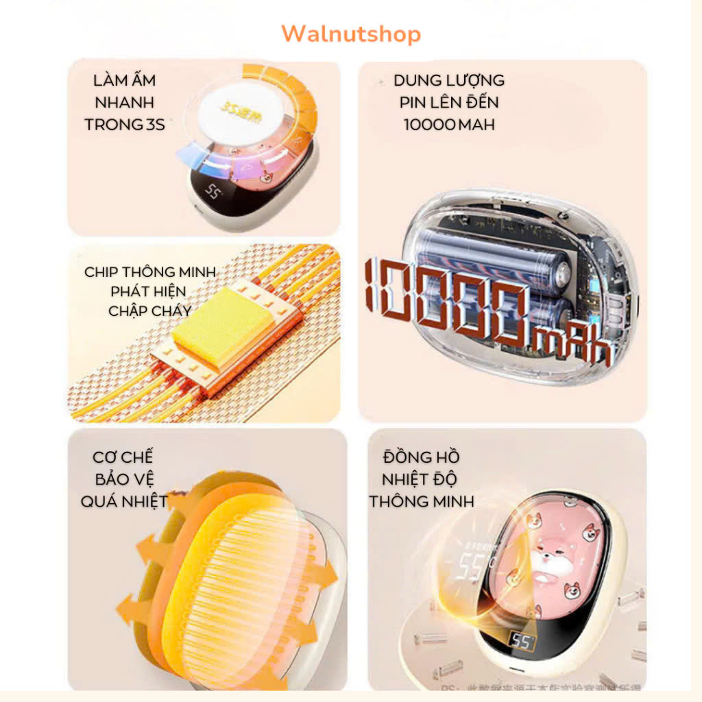 Máy Sưởi Tay Mini Cầm Tay Kiêm Sạc Dự Phòng Làm Ấm Nhanh 8s 10000mAh Sạc USB Hiển Thị Đèn Led % Pin Và 4 Mức Độ Nhiệt Tùy Chỉnh Chế Độ Tiện Dụng Văn Phòng Du Lịch Phượt Dã Ngoại – Hàng Nhập Khẩu