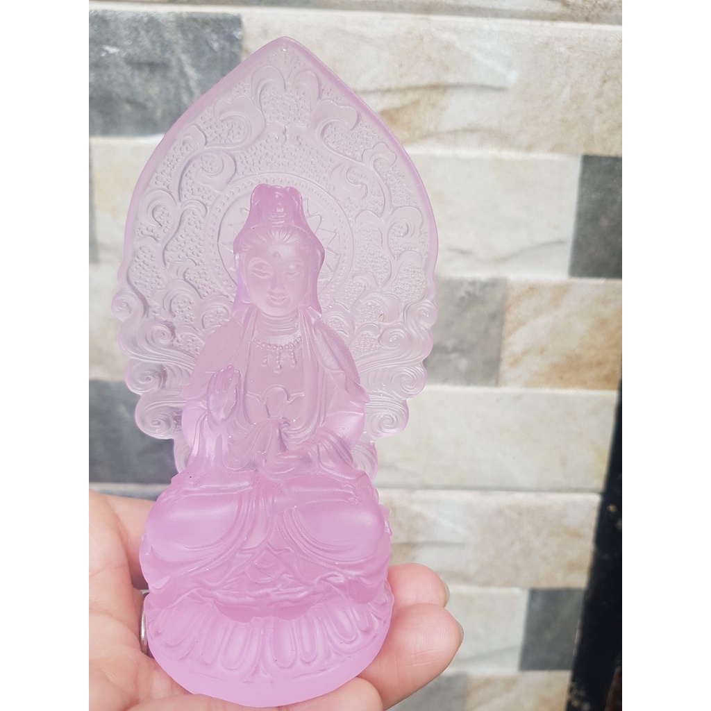 Tượng Phật Bà Quan Âm Mới Đá Lưu Ly Hồng Để Trong Xe Hơi hoặc trên bàn cao 12cm đk 7cm đế 5cm hợp Anh Chị Mệnh Hỏa mệnh Thổ ạ