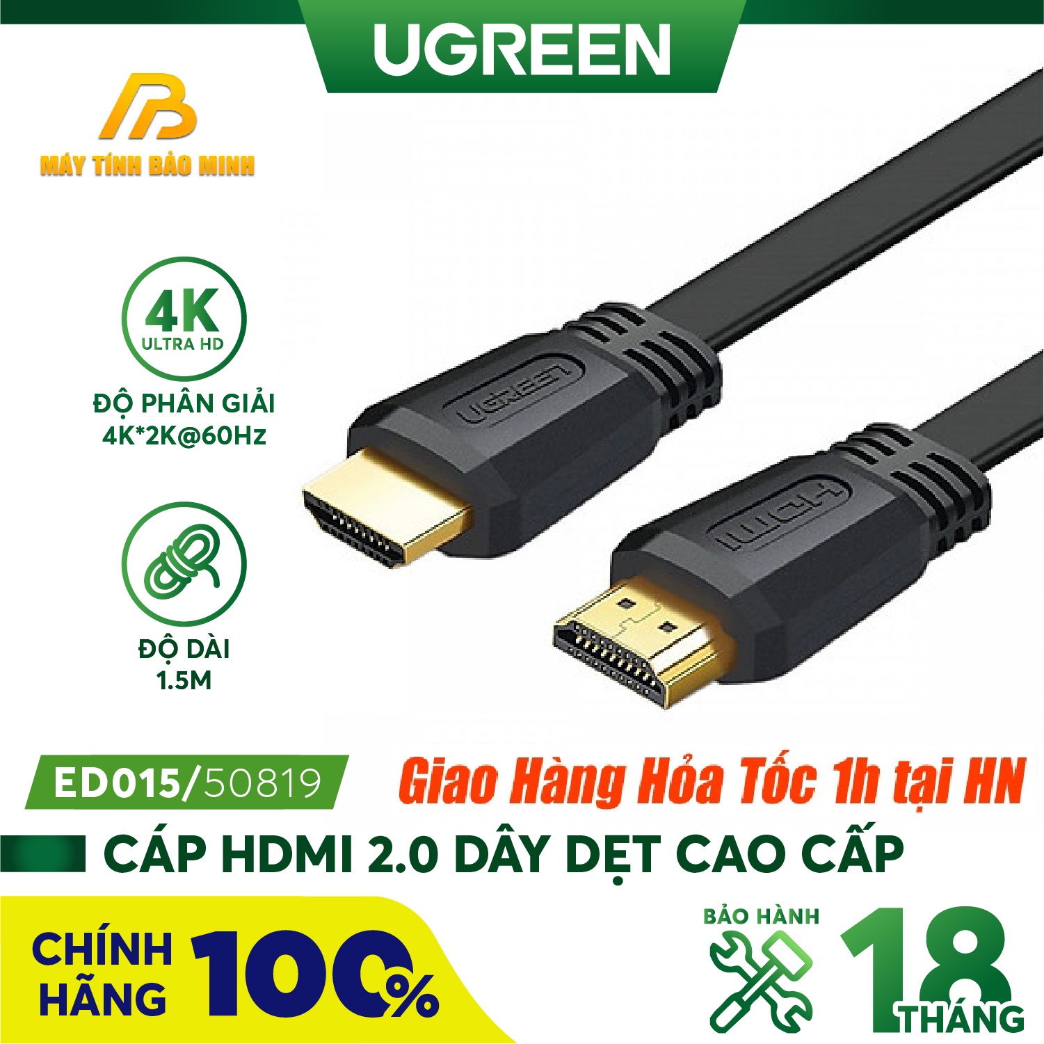 Dây HDMI Dẹt 1m Lõi Đồng cao cấp Ugreen - Hàng Chính Hãng