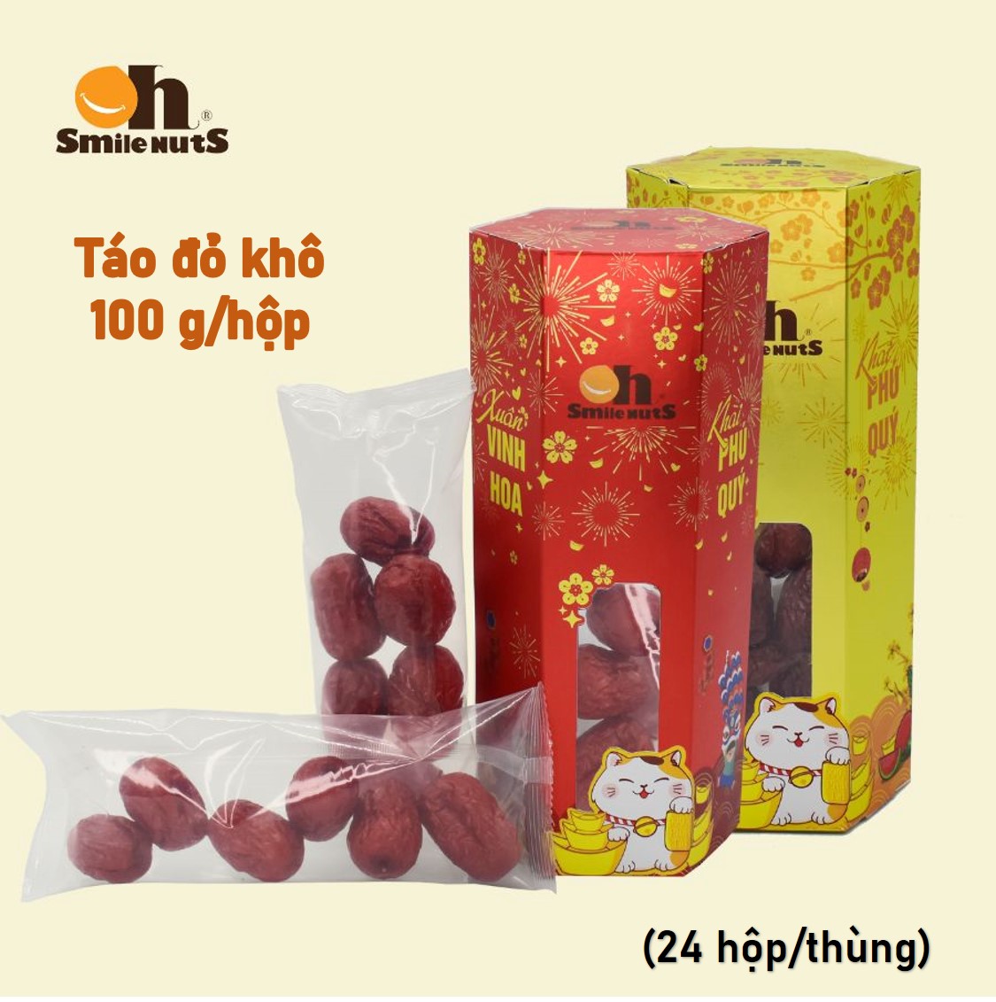 Táo Đỏ Khô Tân Cương Cao Cấp Smile Nuts hộp 100g _ Quà tết hộp lục giác 2023 _ Táo đỏ Tân Cương CAO CẤP, Quả siêu to size Jumbo, táo đỏ chín khô tự nhiên, hàng tuyển chọn