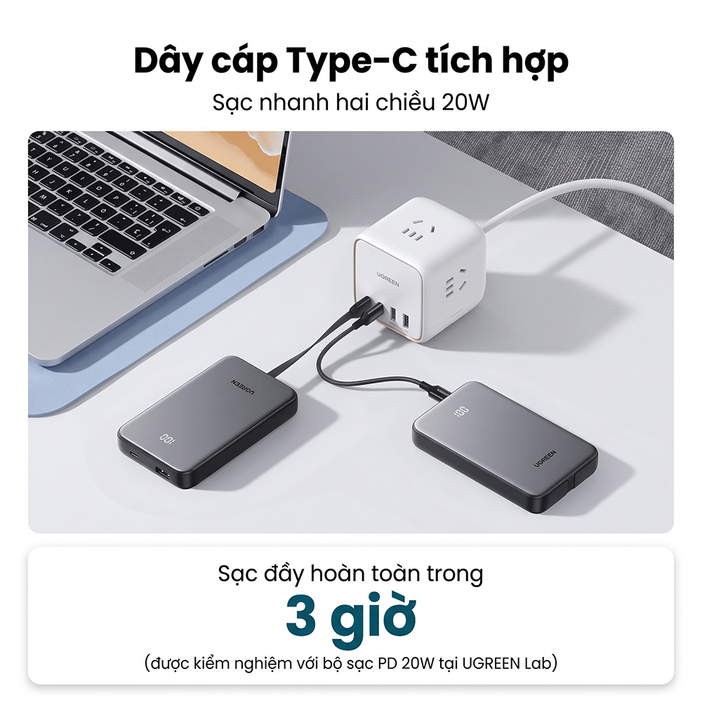 Sạc dự phòng Ugreen Power Bank Built-In Cable 1USB 1Type-C 20W 10000mAh PB526 75161B - Hàng chính hãng