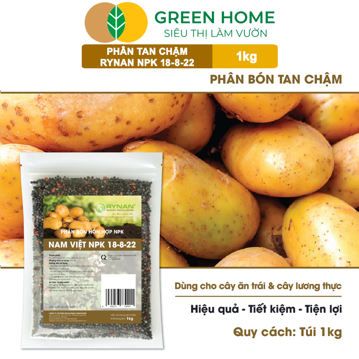 Phân Tan Chậm GreenHome, Rynan NPK 18-8-22, Túi 1kg, Dùng Cho Cây Ăn Trái,Cây Lâu Năm Phục Hồi Nhanh