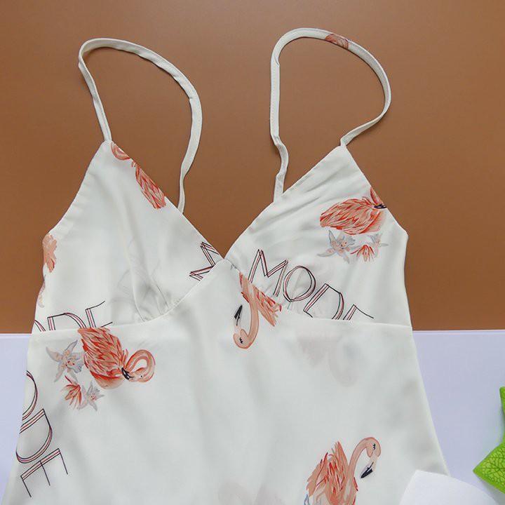 Váy ngủ lụa 2 dây hình hồng hạt xinh xắn có kèm mút ngực (màu trắng)