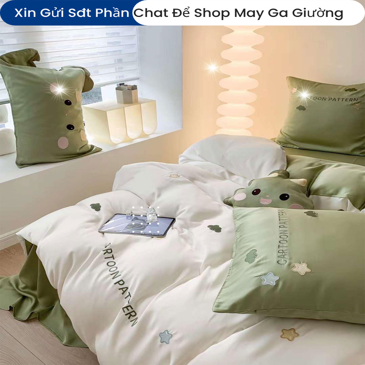 Bộ Chăn Ga Gối Đệm Linen 5 Món ANNA NGUYÊN Cao Cấp Chăn Chần Bông Lụa Mềm