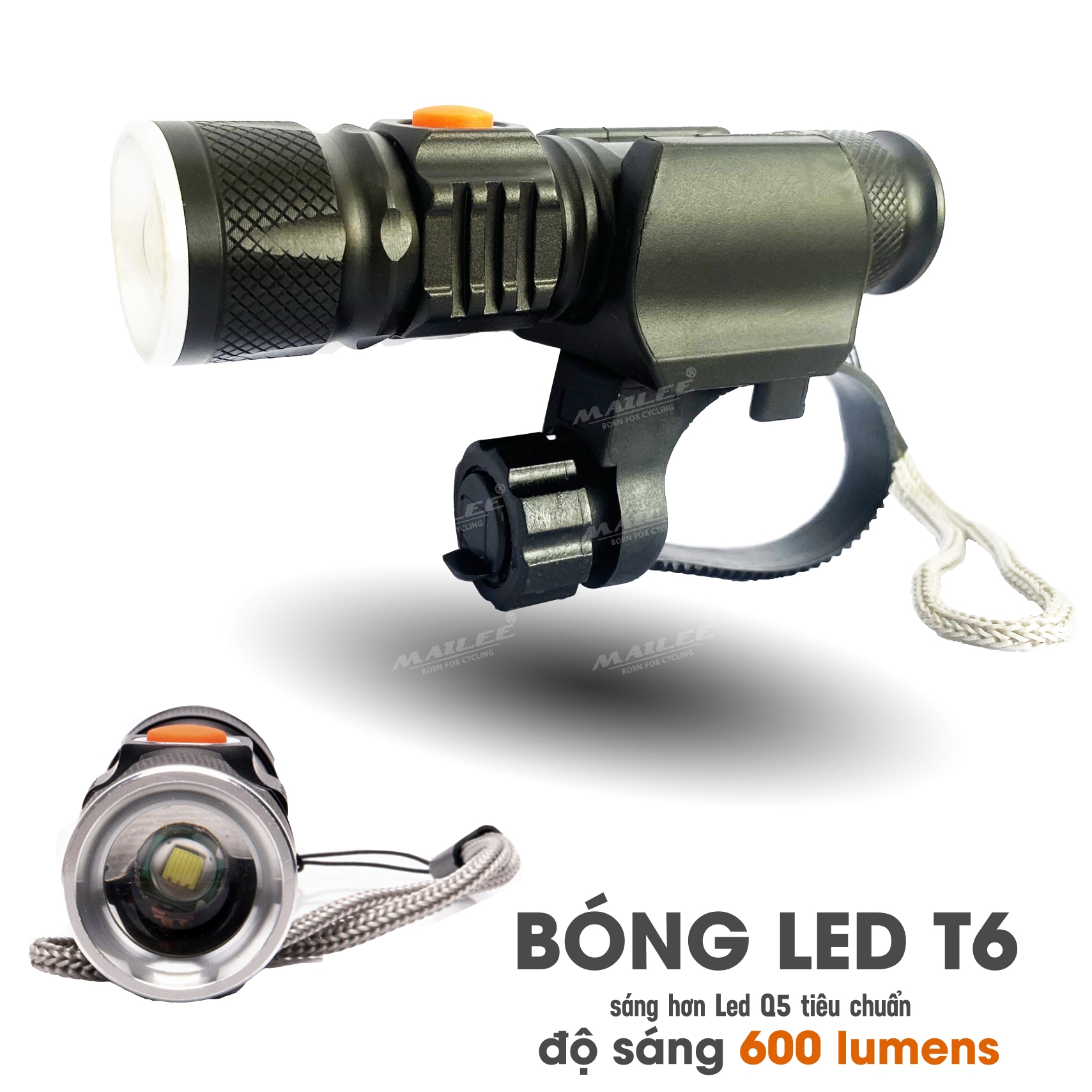 Đèn xe đạp JY-515 cho xe đạp độ sáng 600 lumens có zoom chất liệu nhôm (đã gồm kẹp đèn pin) bóng LED T6 10w - Mai Lee