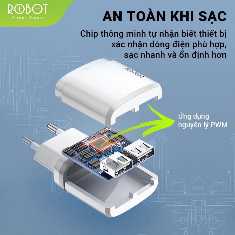 Cốc Sạc 2 Cổng USB ROBOT RT-K9 2.1A Kèm Cáp Micro 1m nhỏ gọn, tiện lợi - HÀNG CHÍNH HÃNG
