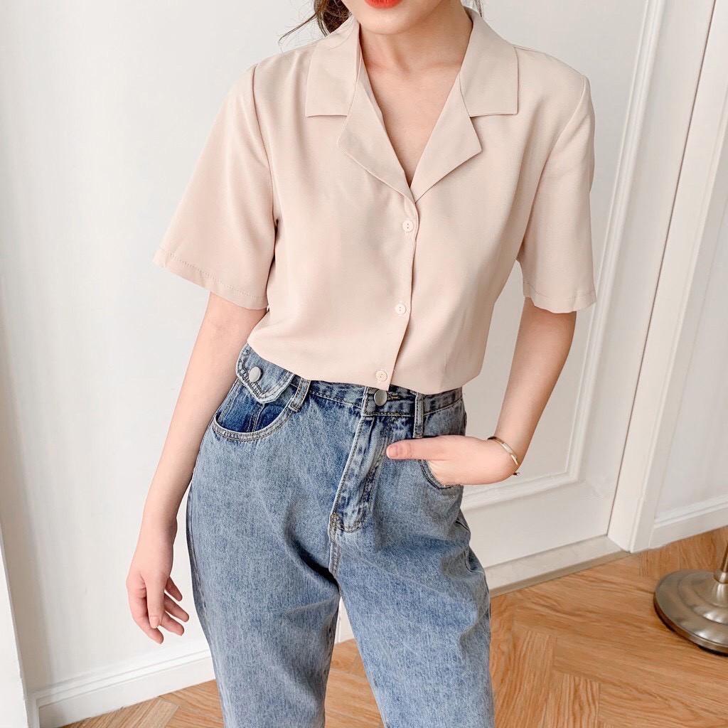 Sơ mi nữ tay ngắn cổ vest tone màu pastel xinh xắn
