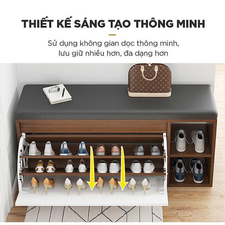 Tủ Giày Gỗ 100cm MDF Phủ Melamine Chống Ẩm Cánh Lật Siêu Gọn 3 Ngăn Kèm Ghế Đệm Da