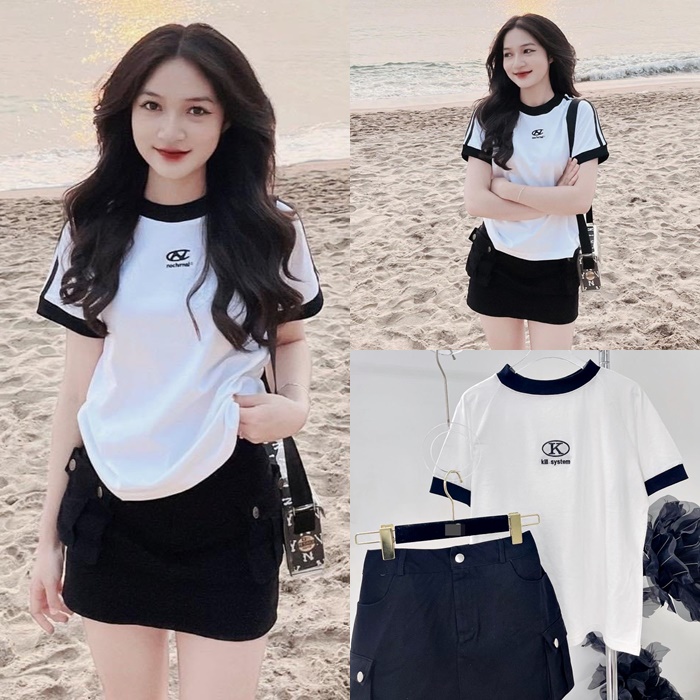 ĐẦM SET CHÂN VÁY NGẮN CHỮ A LƯNG CAO TÚI HỘP KAKI ĐEN + ÁO THUN BABY TEE SUÔNG TRƠN CROPTOP DẠO PHỐ ĐI CHƠI DỰ TIỆC ĐI BIỂN