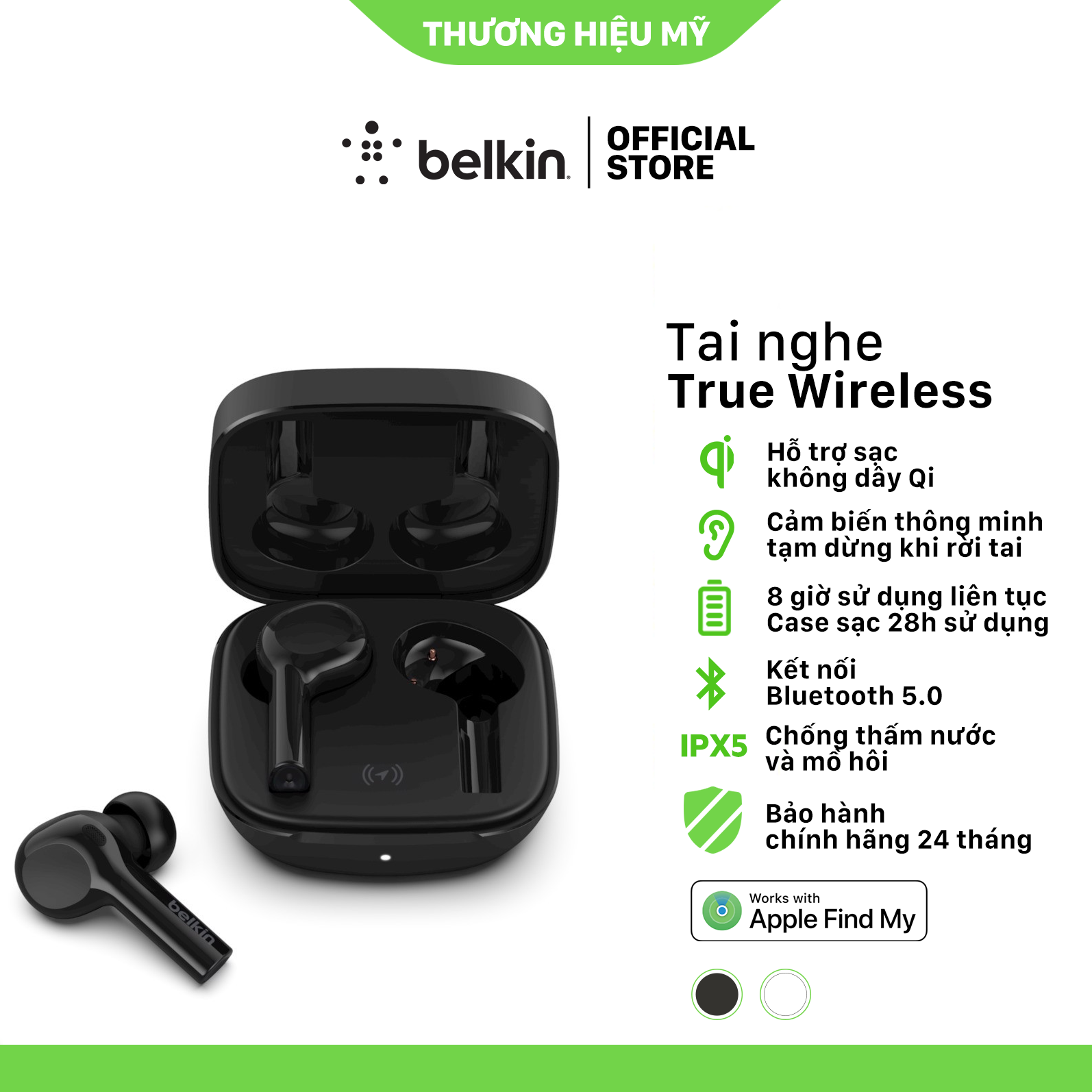 Tai nghe Bluetooth True Wireless Belkin SOUNDFORM Freedom hỗ trợ Apple Find My - Hàng chính hãng - AUC002qe