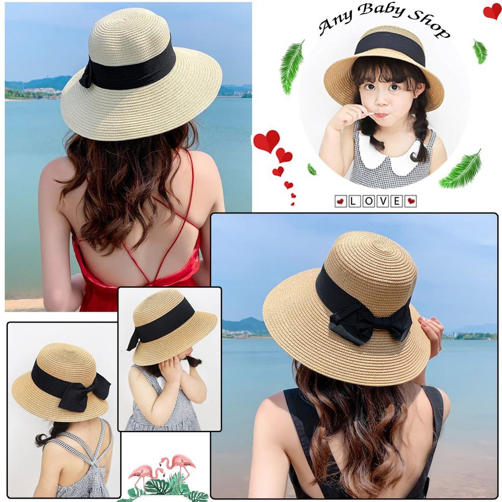 Mũ cói đi chơi, đi biển nơ đen cho mẹ và bé 2 màu sang chảnh- gấp gọn được