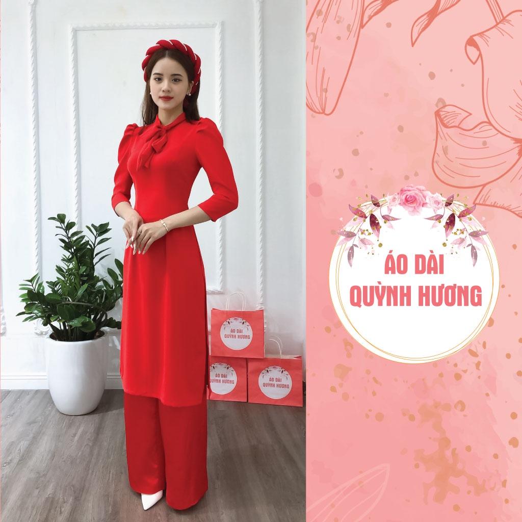 Áo dài lụa đỏ cách tân buộc nơ, áo dài lụa mỹ 2 tà