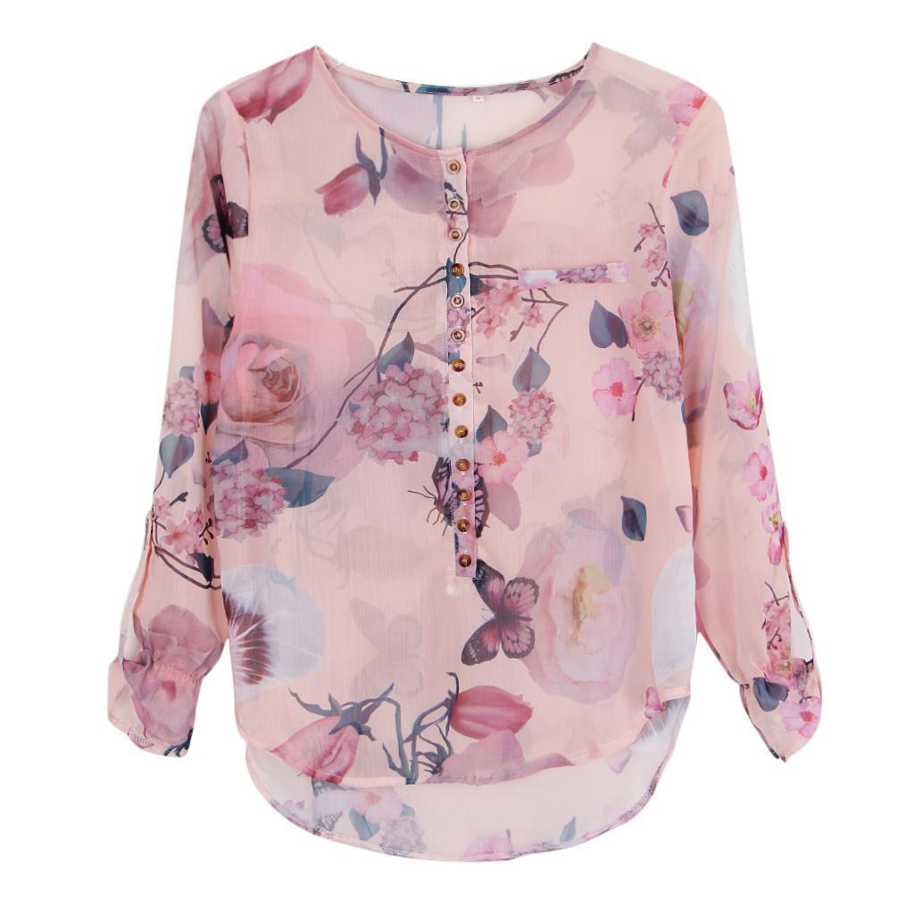 Fashion Bohemian Women’s Long Sleeves Butterfly Floral Print Chiffon Shirt Button Tops Blouse Plus Size