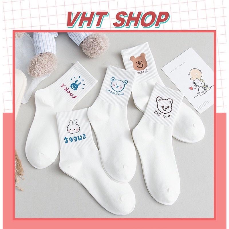 Tất cổ cao, vớ cổ cao nữ trắng họa tiết hình thú xinh xắn vải cotton co giãn thời trang Hàn Quốc tat01